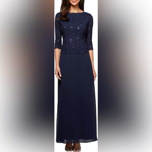 ALEX EVENINGS Sequin Lace & Chiffon Gown Navy 16 Petite